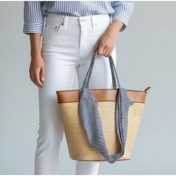 George Handbags - Straw Tote Bag Tan Blue White Striped Handles Large Beach Bag Summer Coastal
